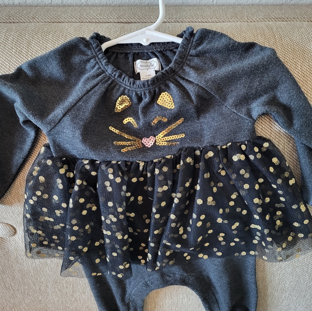 MudPie Gray and Gold Cat Face Kids One Piece 3- 6m - Picture 2 of 2
